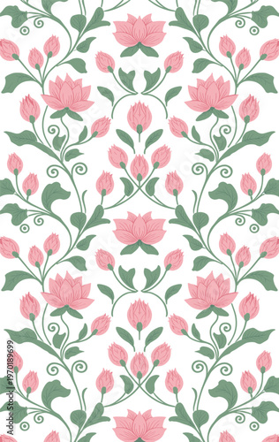 Lotus floral pattern, pink flowers with green leaves, decorative vector artwork, modern botanical illustration, symmetrical repeating background motif