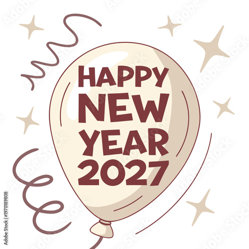 Happy New Year 2027 Beige Balloon brown text white background