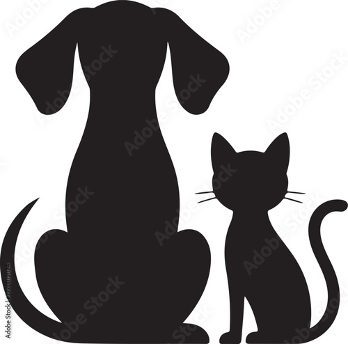 Black silhouettes of dog and cat sitting together side by side facing right