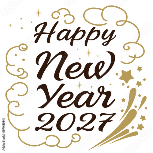 Happy New Year 2027 Gold and Brown swirly stars greeting