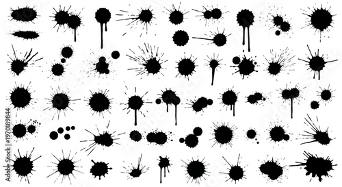 Collection of various black ink splatters.