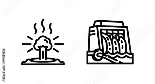Geothermal hot spring and hydroelectric dam icons representing renewable energy sources with alternative energy with green energy with eco friendly