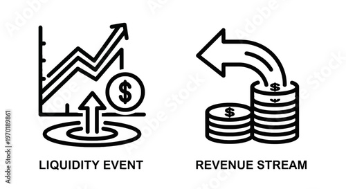 Liquidity event and revenue stream business finance icons for investment and income concepts with line art