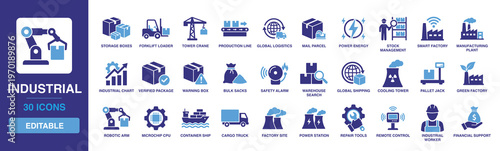 Industrial solid vector glyph icon set including manufacturing plant, factory site, forklift loader, robotic arm, production line, cargo truck, and power station icons.