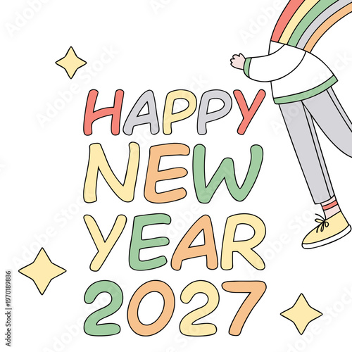 Multicolor Happy New Year 2027 Characters rainbow stars