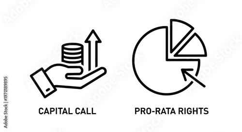 Capital call and pro-rata rights investment and finance icons with venture capital with pie chart with line art