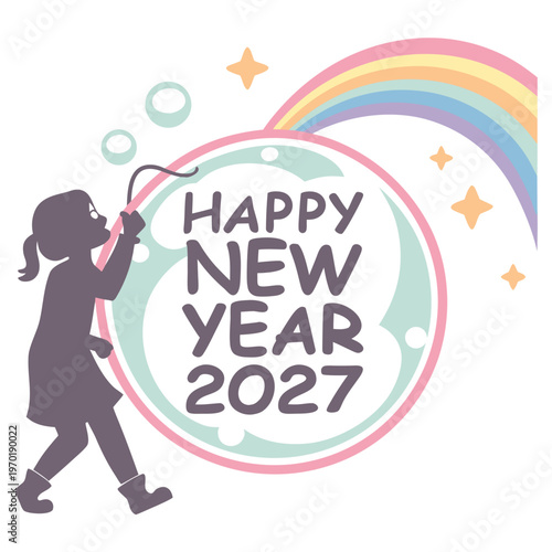 Happy New Year 2027 Girl Blowing Bubbles rainbow