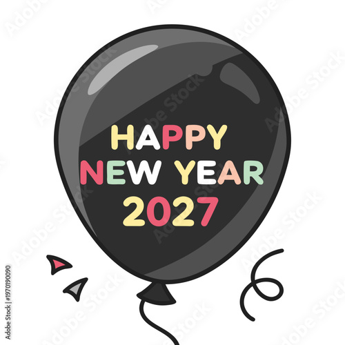 Happy New Year 2027 Black Balloon colorful text