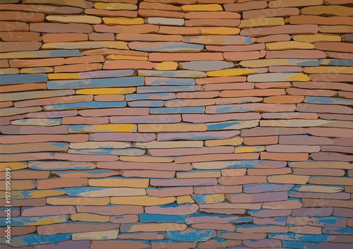 Rustic brick wall pattern, colorful irregular mosaic, abstract decorative design, modern vector artwork, textured background motif, vibrant repeating illustration