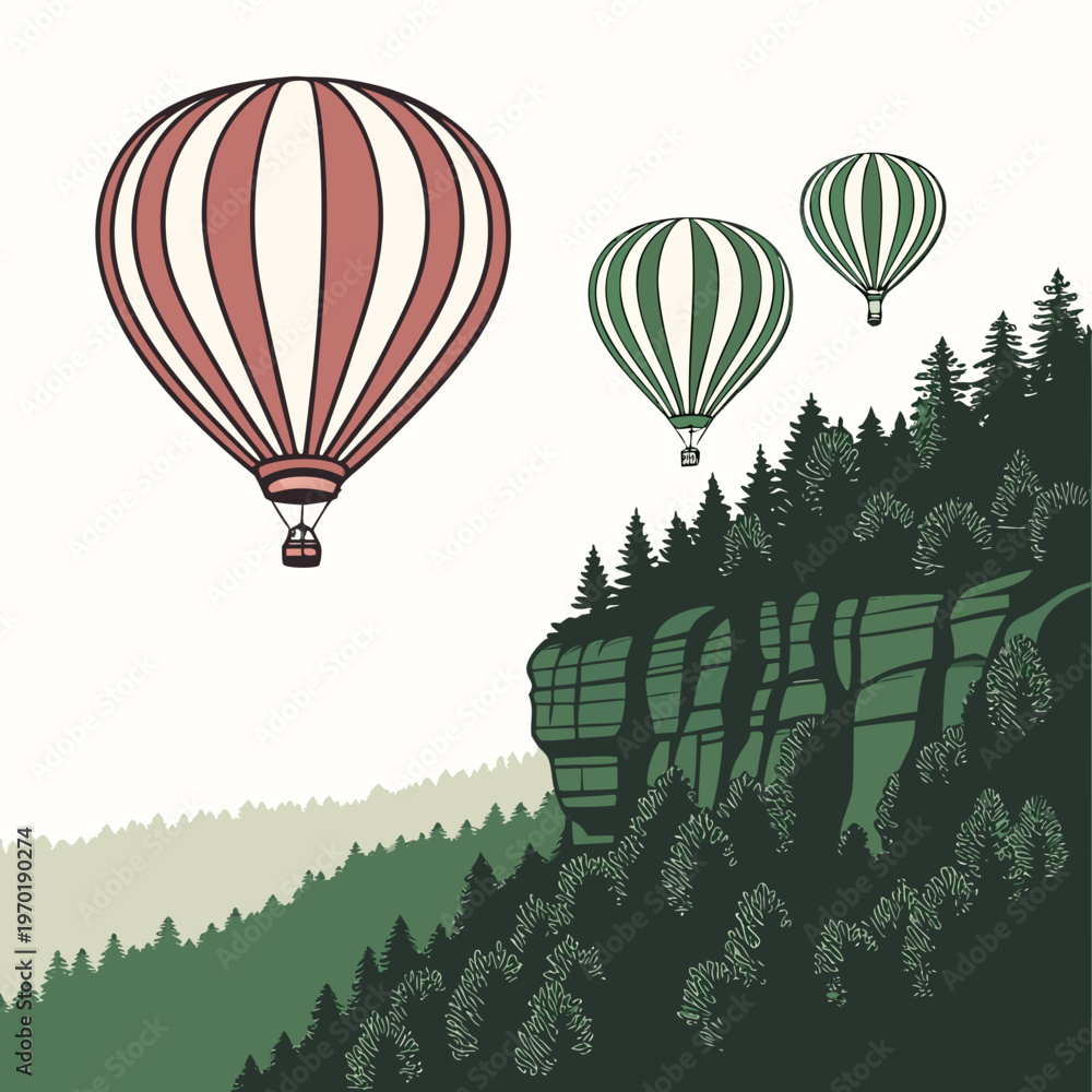 Obraz premium Colorful hot air balloons flying over green mountains and trees