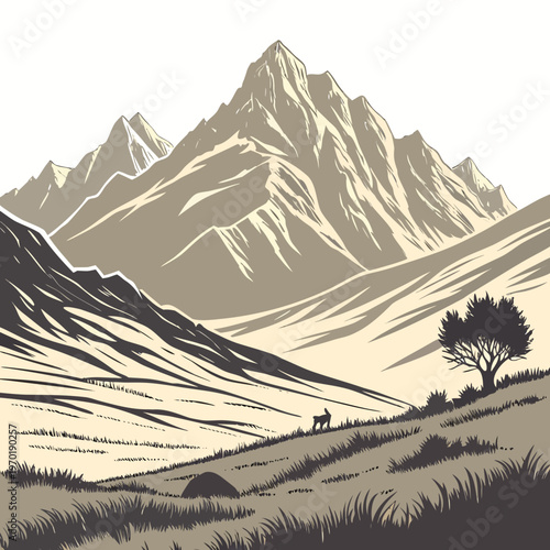 Mountains and tree silhouettes in sepia tones trees