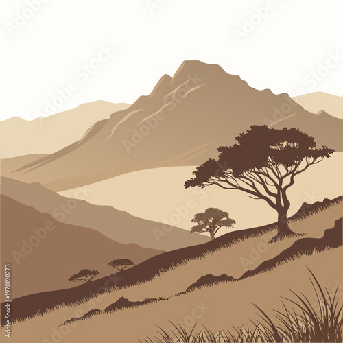 Sepia-toned mountain landscape with trees and hills