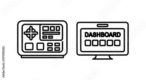 Interface control panel and monitor dashboard outline icons with management system