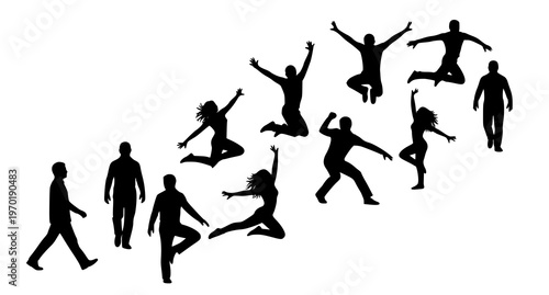 A vector graphic illustration of black silhouettes of people jumping and walking on a white background