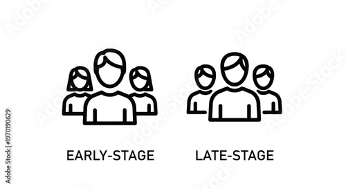 Early stage and late stage groups of people icons representing population growth, development, or project phases, line art, white background
