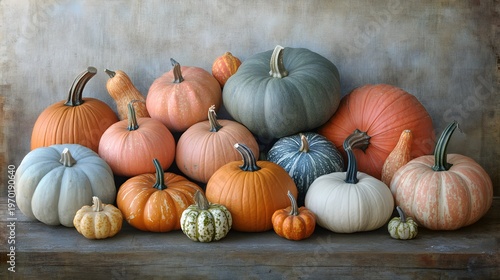 A pile of pumpkins on a wooden porch 