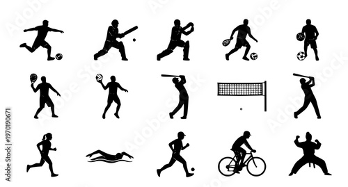 A set of black silhouette icons depicting various sports and fitness activities on a white background