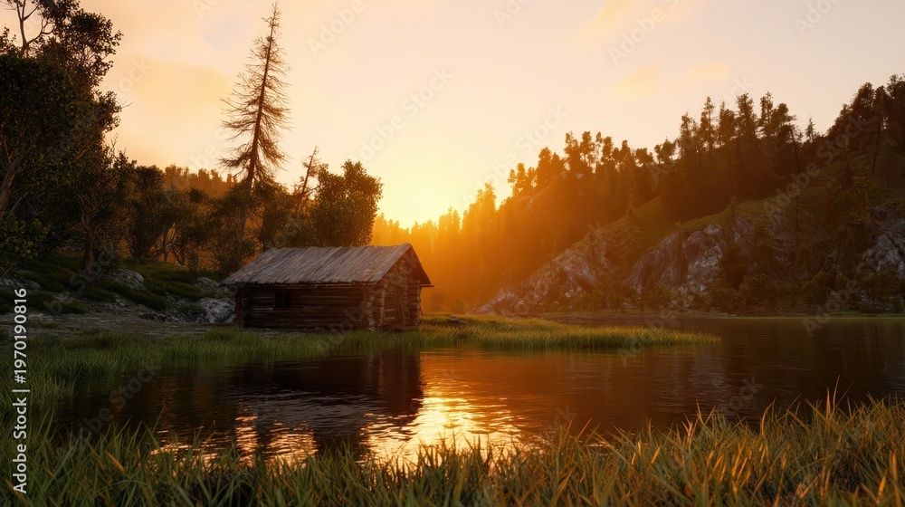 Obraz premium A rustic cabin beside a calm lake at sunset, surrounded by trees and hills.
