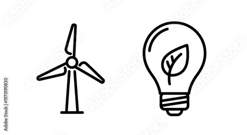 Wind turbine and eco-friendly light bulb icons symbolizing renewable energy, sustainable power generation, and environmental awareness, green energy