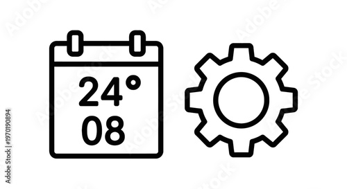 Calendar date and gear icon representing schedule settings or event configuration with temperature display with line art