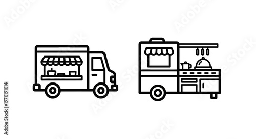 Linear food truck and mobile kitchen icons for street food business, fast food catering service, and urban dining concepts on a white background