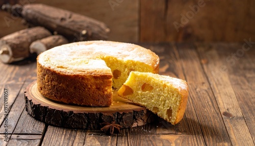 Cassava sweet cake rustic wooden table, no people