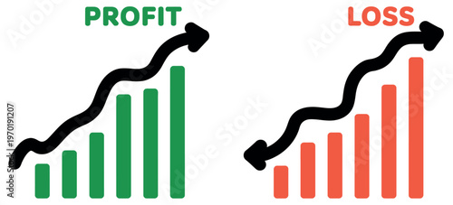 Graphs with increasing and decreasing columns and up down arrows economics concept financial vector illustration Premium Vector