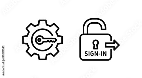 Security settings and user login access icon set with gear key and open padlock symbols with sign