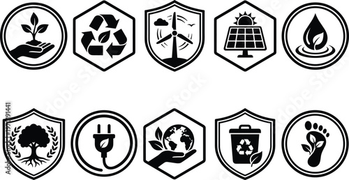Eco Friendly Sustainability Icon Set Featuring Renewable Energy Solar Wind Power Recycling Water Conservation Green Growth and Carbon Footprint Reduction Graphics