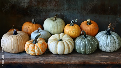 A pile of pumpkins on a wooden porch 