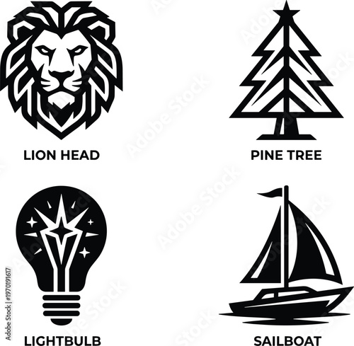 Collection of four black and white vector icons featuring a majestic lion head, pine tree, creative lightbulb, and elegant sailboat.