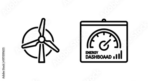 Renewable energy icon set including a wind turbine and an energy dashboard with a performance meter to illustrate sustainable power generation and monitoring
