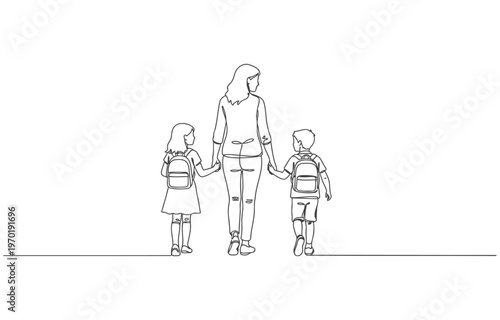 Single continuous line drawing rear view, a mother holds her son and daughter on her right and left. Walk Safely To School Day. one line Icon drawing