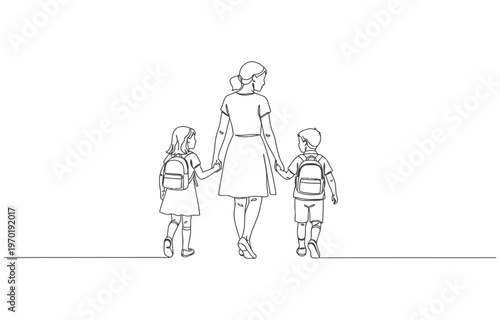 Single continuous line drawing rear view, a mother holds her son and daughter on her right and left. Walk Safely To School Day. one line Icon drawing
