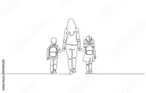 Single continuous line drawing rear view, a mother holds her son and daughter on her right and left. Walk Safely To School Day. one line Icon drawing