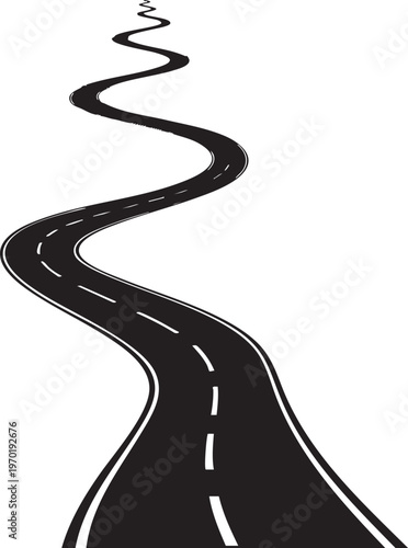 Winding road, black asphalt highway, vector road sign, transportation background
