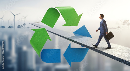 Sustainable Business Growth A Man Walking Towards a Greener Future with Renewable Energy and Recycling Symbol