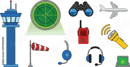 Aviation and Communication Icon Set Featuring Radar, Airplane, Binoculars, Tower, Radio, and Headphones