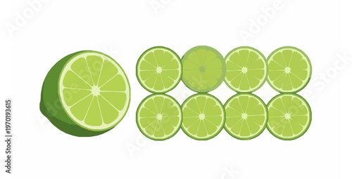 Lime fruit half and slices green citrus flat vector illustration isolated