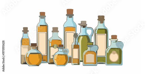 Virgin organic oil in glass bottles flat vector illustration isolated on white