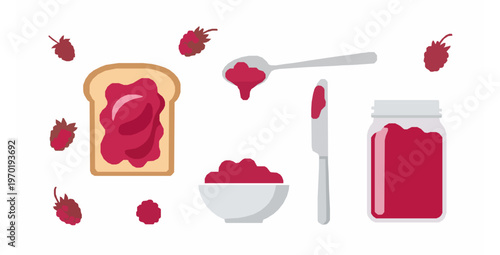 Raspberry jelly and toast breakfast set flat vector illustration isolated