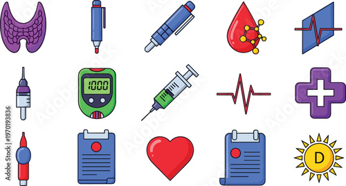 Medical Health Icons Set Featuring Syringe, Heart, Blood Pressure Monitor, Vitamin, and Medical Tools