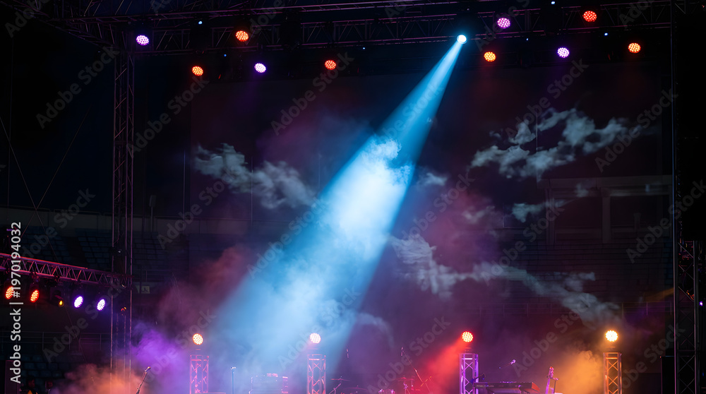 Fototapeta premium Illuminated stage with scenic lights and smoke. Blue spotlight with smoke volume light effect on black background. Stadium cloudiness projector