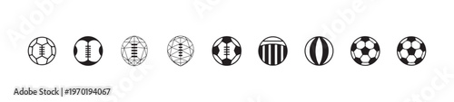 Assortment of sports ball icons featuring soccer balls American footballs and abstract globe designs on white