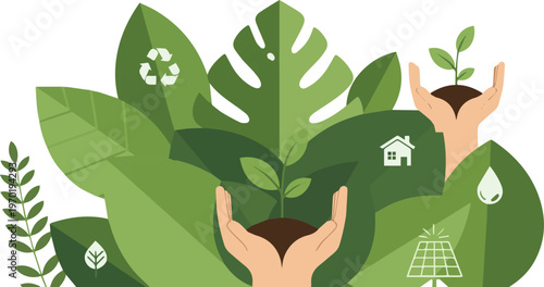 People holding plants with eco-friendly symbols around them in nature