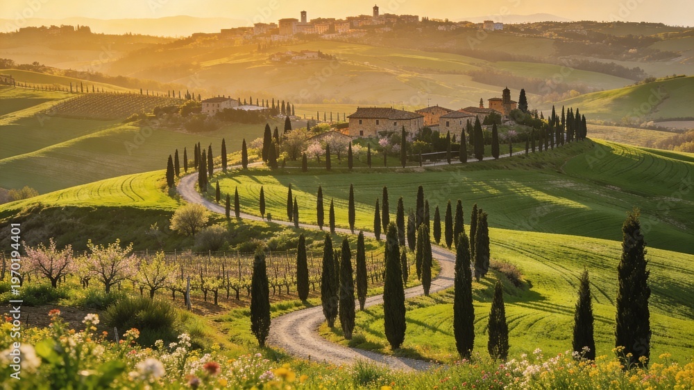 Fototapeta premium Tuscan Countryside Landscape with Winding Road and Cypress Trees at Sunset