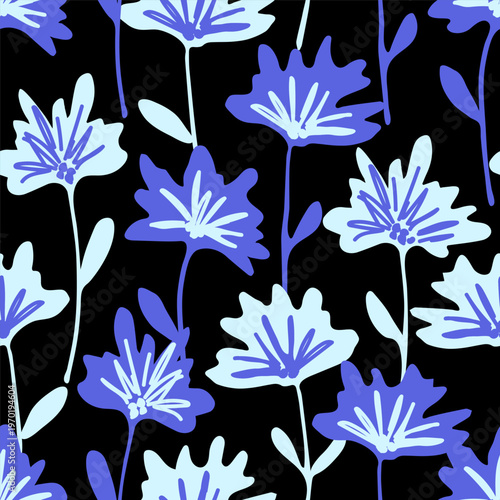 Simple floral vector seamless pattern. Large blue flowers on a black background. For fabric prints and textile products.