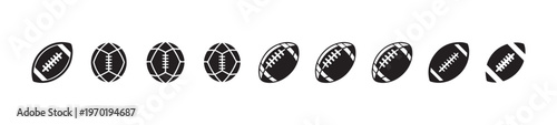 Collection of black and white icons representing various american football and soccer ball shapes isolated on white