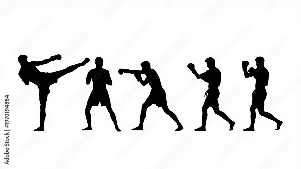 Obraz premium A sequence of five black silhouettes showing various movements and poses of a martial arts fighter. isolated on white background