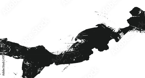 Dramatic Black and White Abstract Ink Landscape, Horizontal Grunge Brush Stroke Texture, Monochrome Distressed Paint Splatter Background, Modern Artistic Graphic Element.